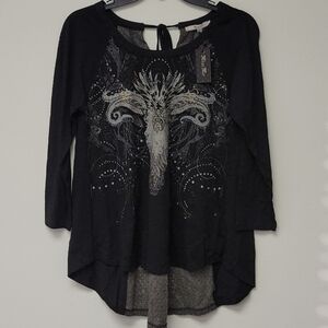 Miss Me Western Studded Knit hi low Graphic t-shirt Black S